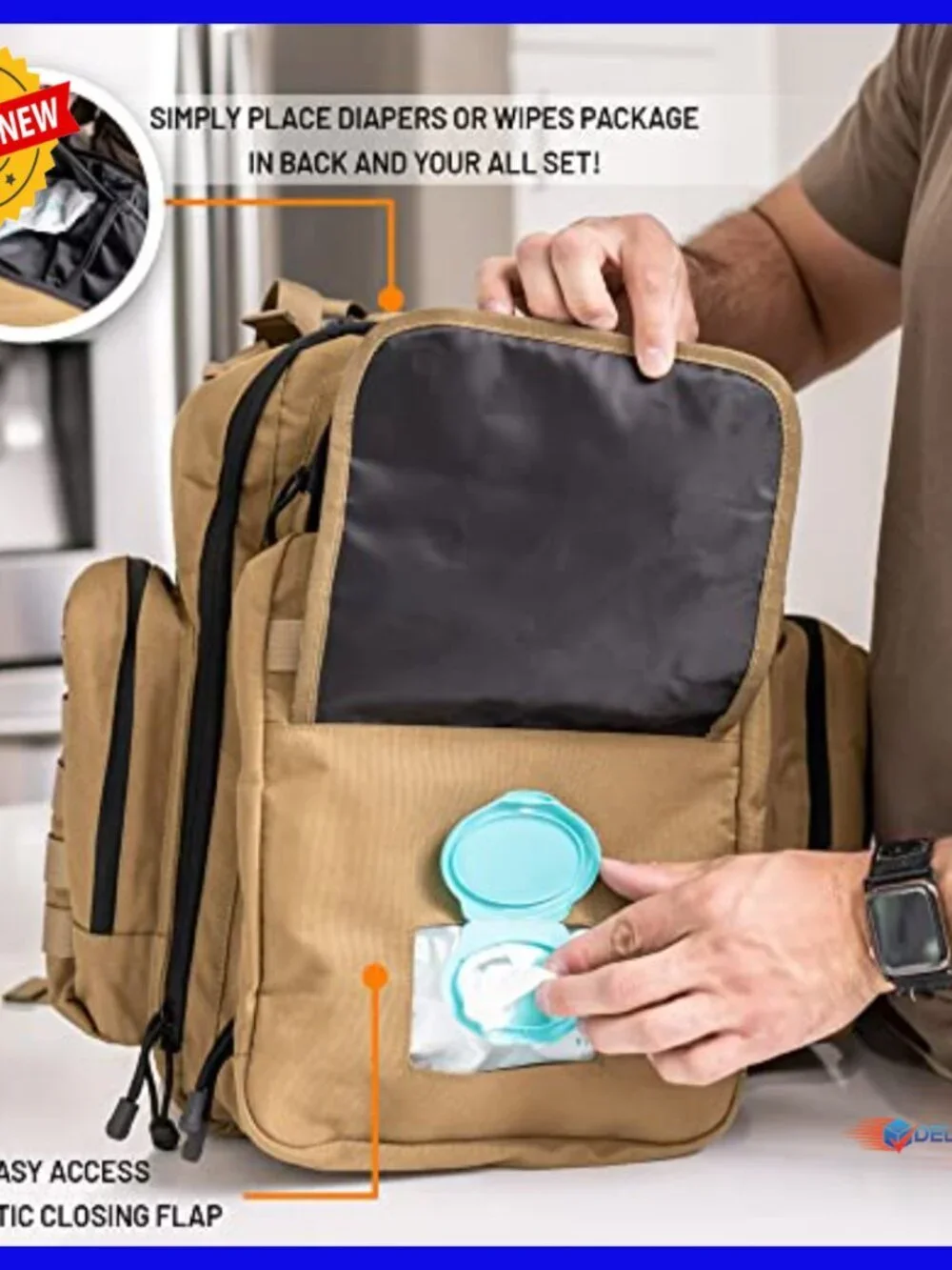 Military Style Diaper Backpack with Insulated Pockets and Wipes Dispenser